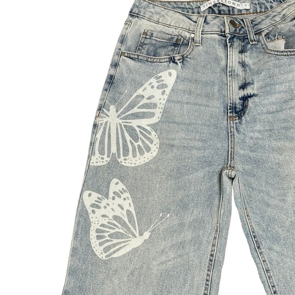 Y2K Tinseltown Butterfly Print Light Wash High Waist Wide Leg Jeans - Picture 1 of 5